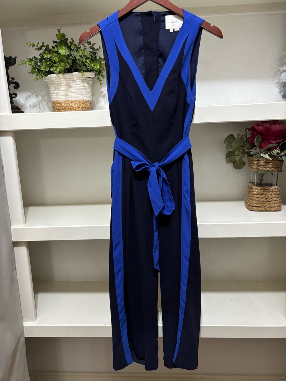 elevenses Navy Jumpsuit with Cobalt Blue Trim and Waist Tie